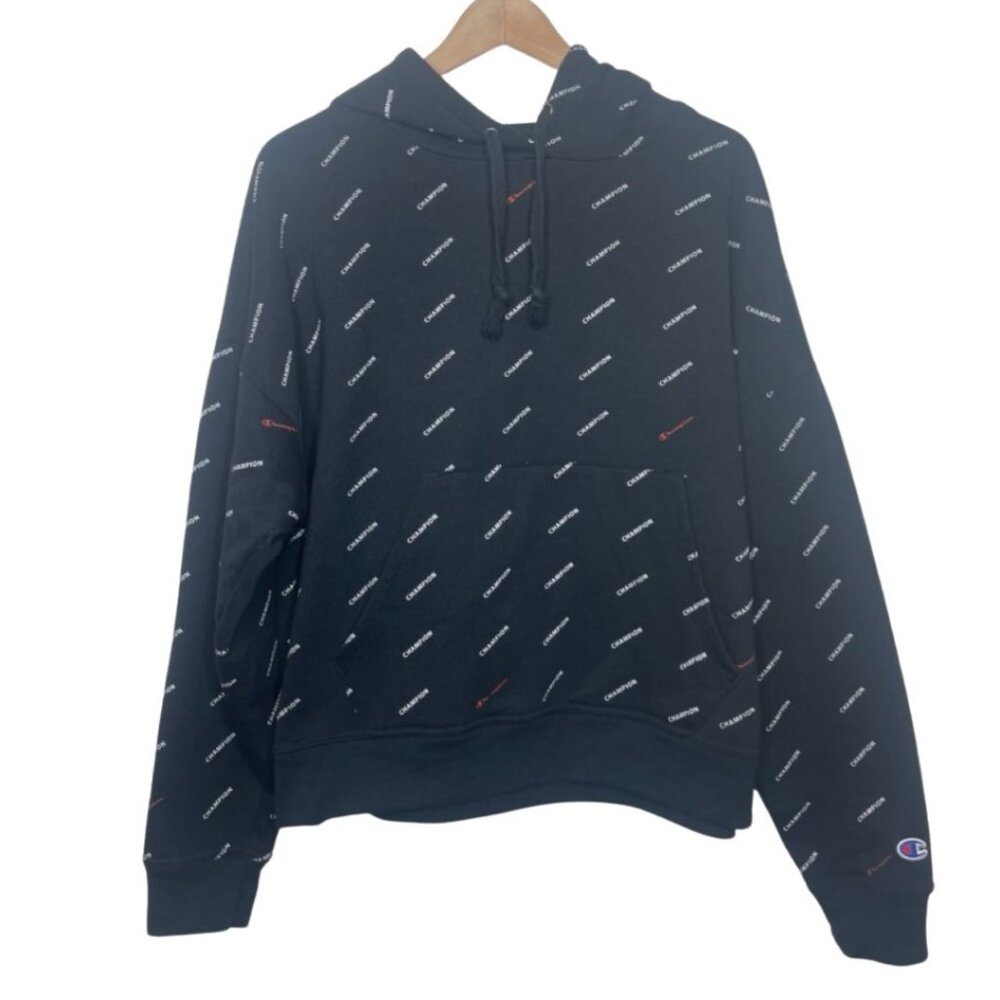 CHAMPION | Unisex Black All Over Logo Print Long Sleeve Hoodie | Size XL